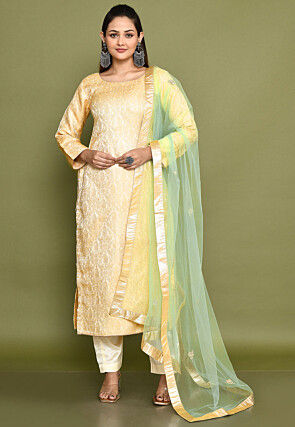 Woven Art Silk Pakistani Suit in Beige