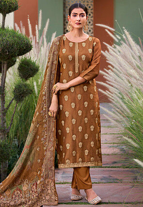 Woven Art Silk Pakistani Suit in Brown