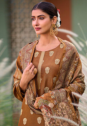 Woven Art Silk Pakistani Suit in Brown