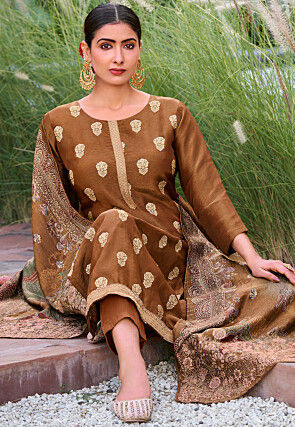 Woven Art Silk Pakistani Suit in Brown