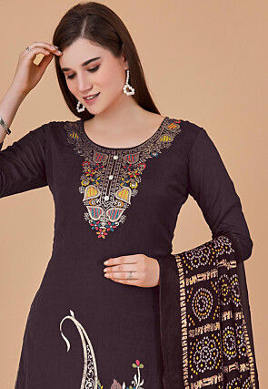 Woven Art Silk Pakistani Suit in Brown