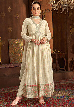 Woven Art Silk Pakistani Suit in Cream