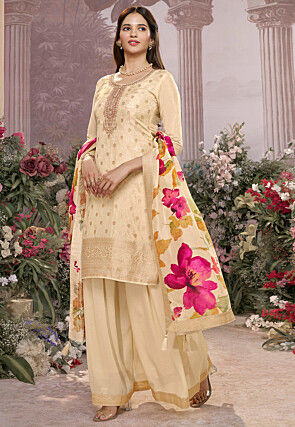 Woven Art Silk Pakistani Suit in Cream