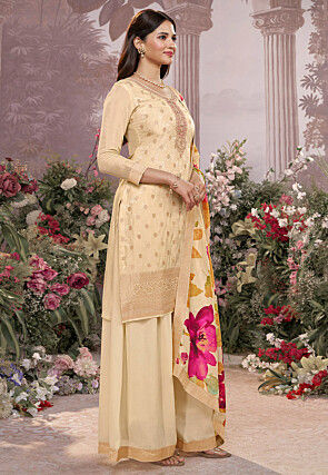 Woven Art Silk Pakistani Suit in Cream