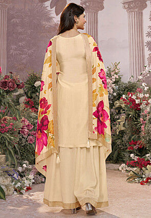 Woven Art Silk Pakistani Suit in Cream