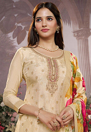 Woven Art Silk Pakistani Suit in Cream