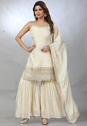 Woven Art Silk Pakistani Suit in Cream