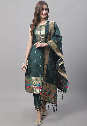 Woven Art Silk Pakistani Suit in Dark Green