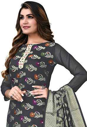 Woven Art Silk Pakistani Suit in Dark Grey