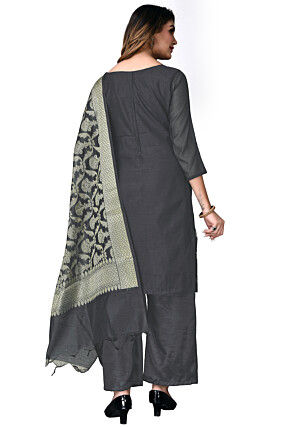 Woven Art Silk Pakistani Suit in Dark Grey