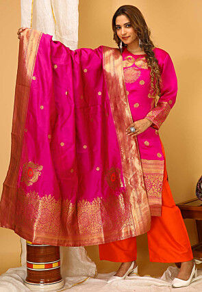 Woven Art Silk Pakistani Suit in Fuchsia