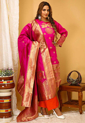Woven Art Silk Pakistani Suit in Fuchsia
