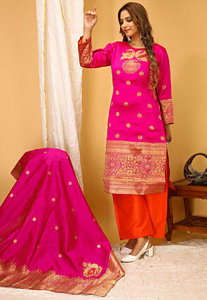 Woven Art Silk Pakistani Suit in Fuchsia