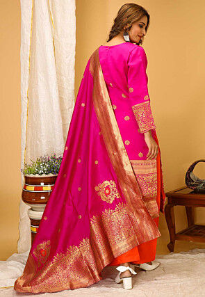 Woven Art Silk Pakistani Suit in Fuchsia