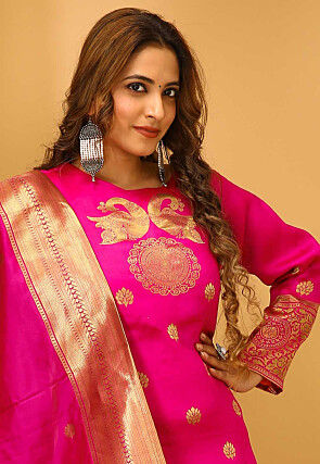 Woven Art Silk Pakistani Suit in Fuchsia