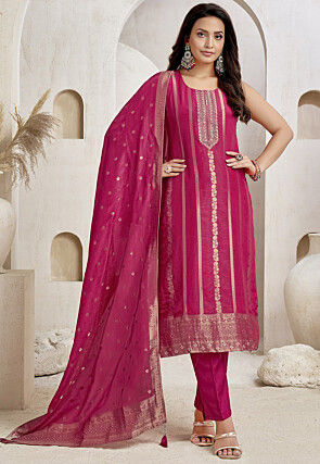 Woven Art Silk Pakistani Suit in Fuchsia
