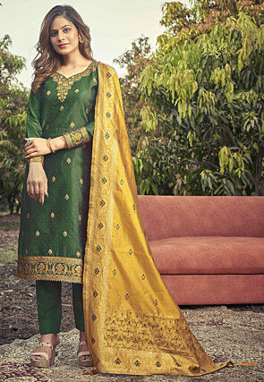 Woven Art Silk Pakistani Suit in Green
