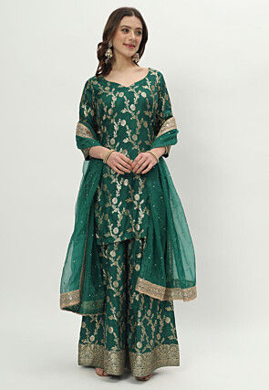 Woven Art Silk Pakistani Suit in Green