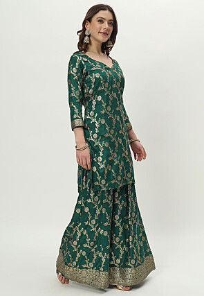 Woven Art Silk Pakistani Suit in Green