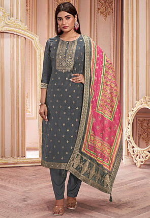Woven Art Silk Pakistani Suit in Grey