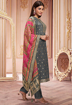Woven Art Silk Pakistani Suit in Grey