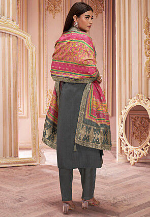 Woven Art Silk Pakistani Suit in Grey