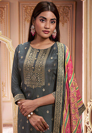 Woven Art Silk Pakistani Suit in Grey