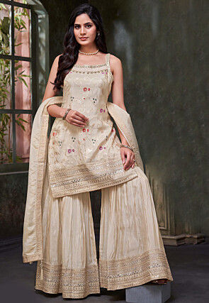 Woven Art Silk Pakistani Suit in Light Beige