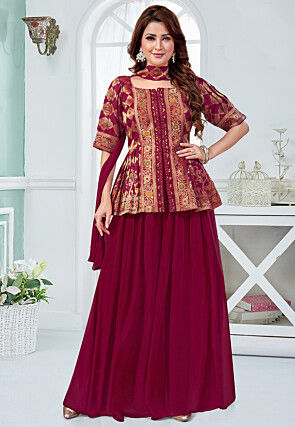 Woven Art Silk Pakistani Suit in Maroon