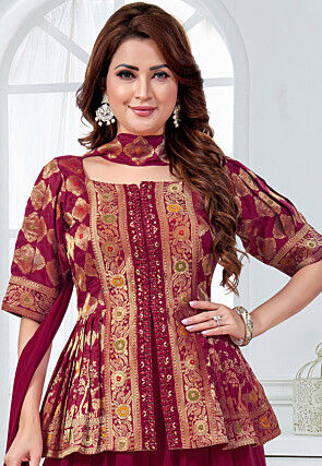 Woven Art Silk Pakistani Suit in Maroon