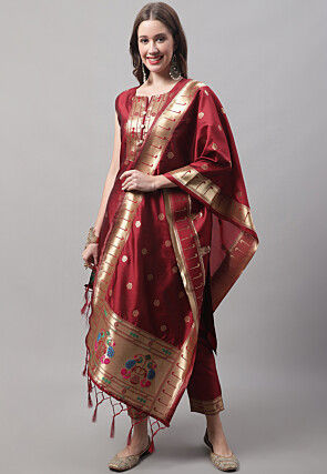 Woven Art Silk Pakistani Suit in Maroon