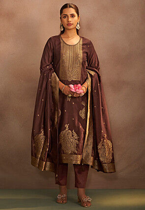 Woven Art Silk Pakistani Suit in Maroon