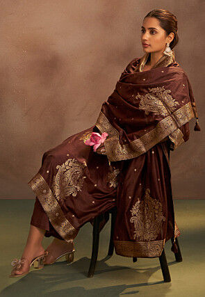 Woven Art Silk Pakistani Suit in Maroon