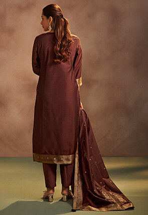 Woven Art Silk Pakistani Suit in Maroon