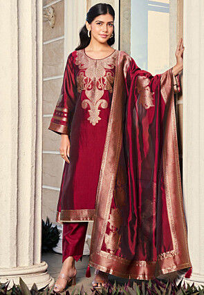 Woven Art Silk Pakistani Suit in Maroon