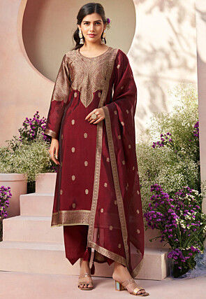 Woven Art Silk Pakistani Suit in Maroon