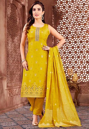 Woven Art Silk Pakistani Suit in Mustard