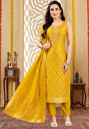 Woven Art Silk Pakistani Suit in Mustard