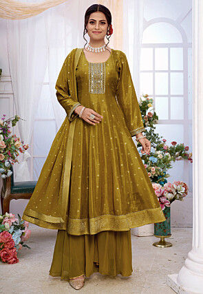 Woven Art Silk Pakistani Suit in Mustard