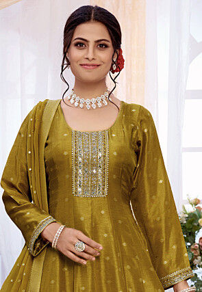 Woven Art Silk Pakistani Suit in Mustard