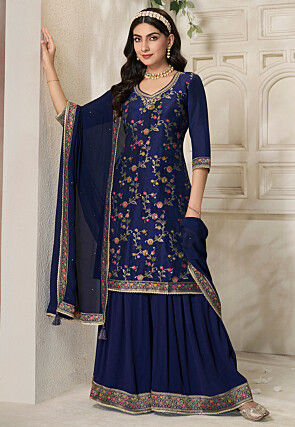 Woven Art Silk Pakistani Suit in Navy Blue