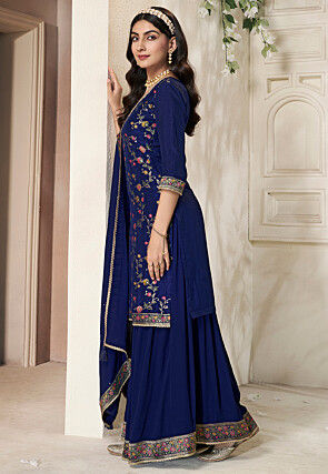 Woven Art Silk Pakistani Suit in Navy Blue