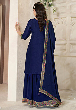 Woven Art Silk Pakistani Suit in Navy Blue