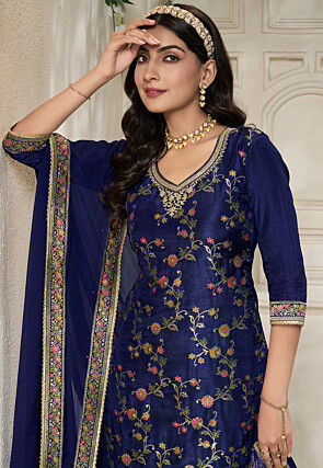 Woven Art Silk Pakistani Suit in Navy Blue