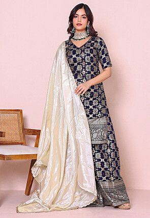 Woven Art Silk Pakistani Suit in Navy Blue