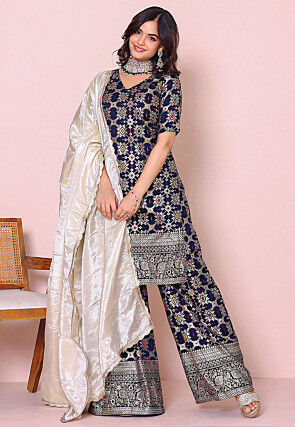 Woven Art Silk Pakistani Suit in Navy Blue