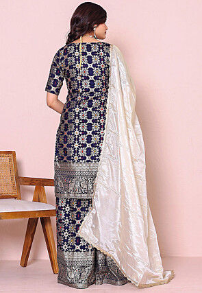 Woven Art Silk Pakistani Suit in Navy Blue