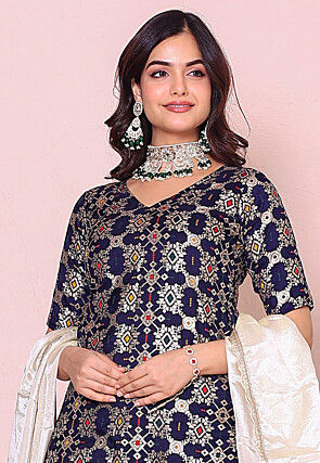 Woven Art Silk Pakistani Suit in Navy Blue