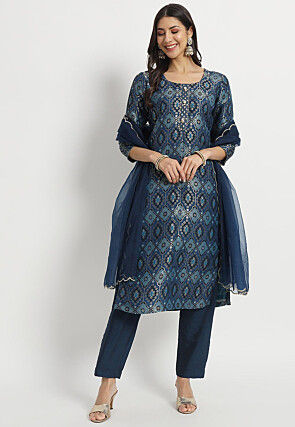 Woven Art Silk Pakistani Suit in Navy Blue