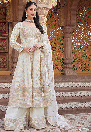 Woven Art Silk Pakistani Suit in Off White